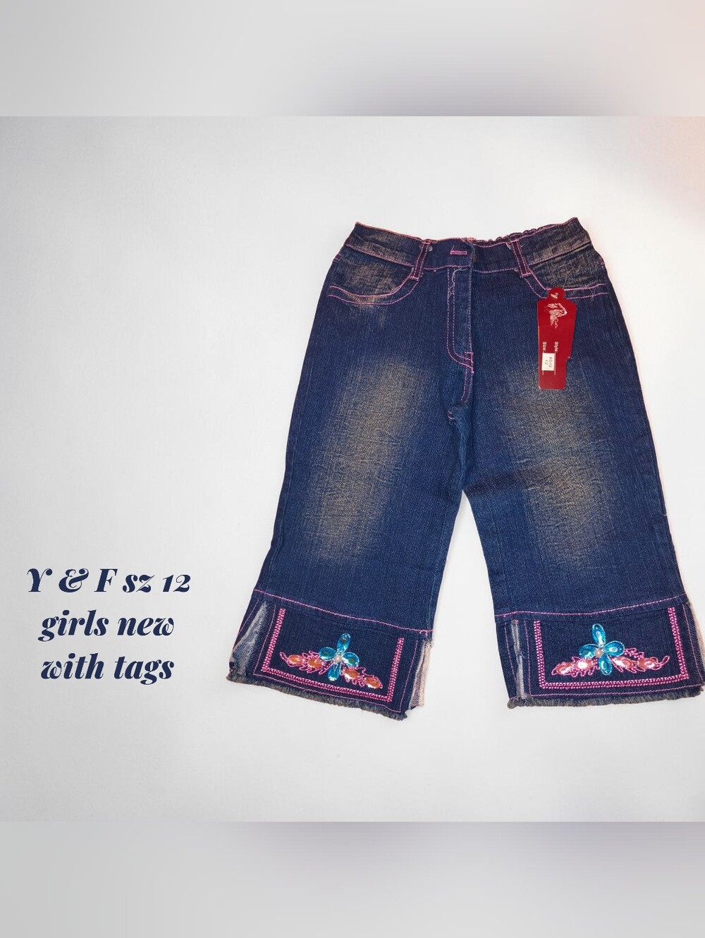 Girls Dark Blue Denim Capri Jeans with Embroidered Hem